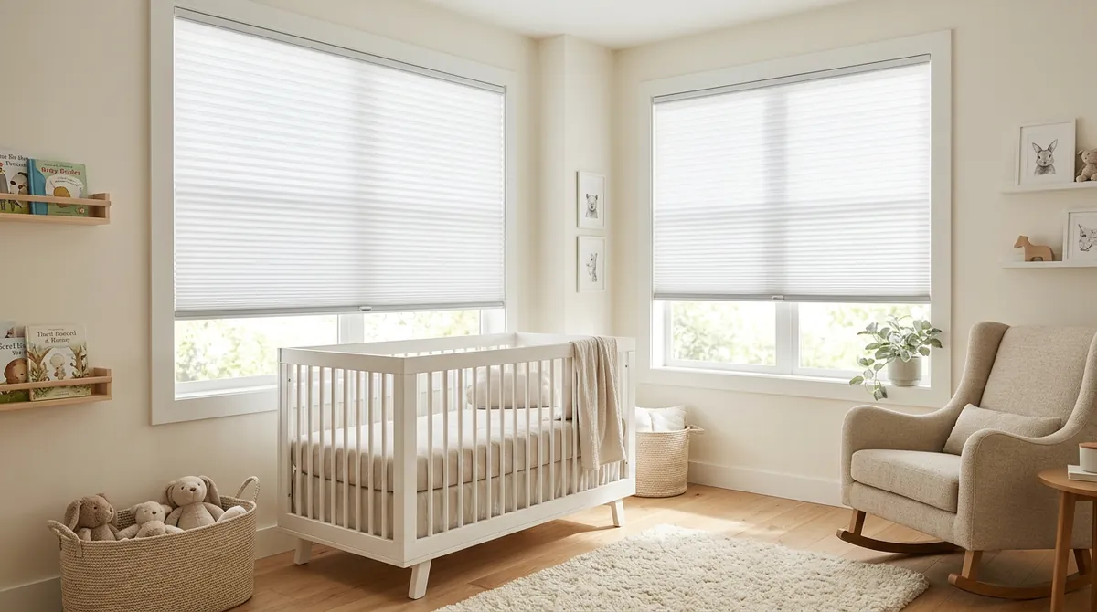 A bright nursery window dressed in cordless cellular shades with a clean bottom rail, no cords visible, a white crib and a soft rug