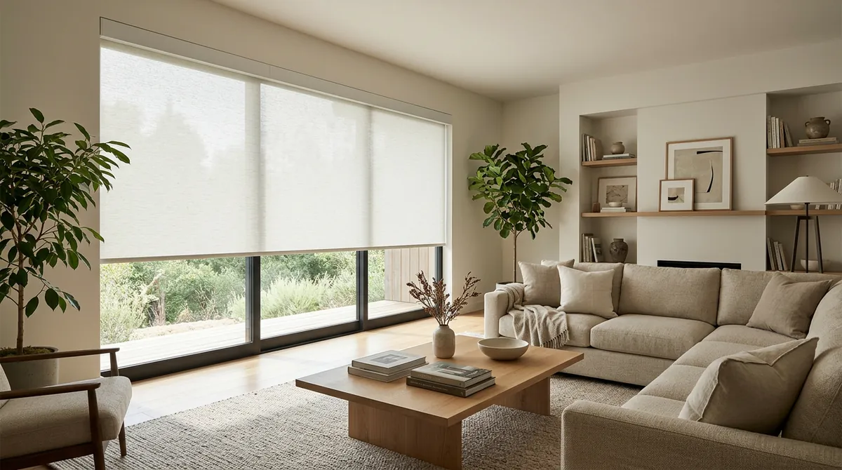 A modern living room with a large window and a clean motorized roller shade partway down, a tablet-free coffee table and soft daylight