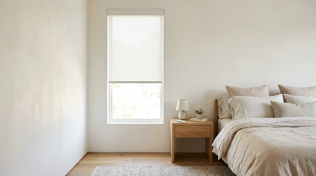 A bright bedroom with a narrow window dressed in a slim battery-powered roller shade rising halfway, a small remote on a nightstand, soft light