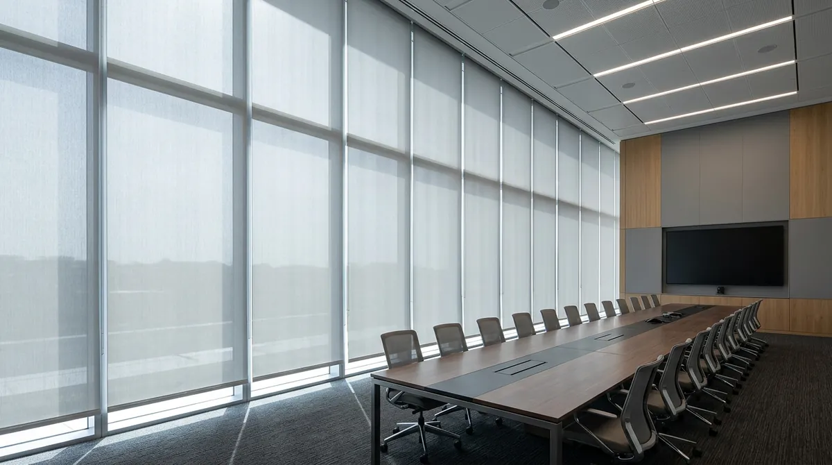 A large conference room with a tall window wall dressed in motorized roller shades lowered at even heights, a long table and chairs, soft diffused light