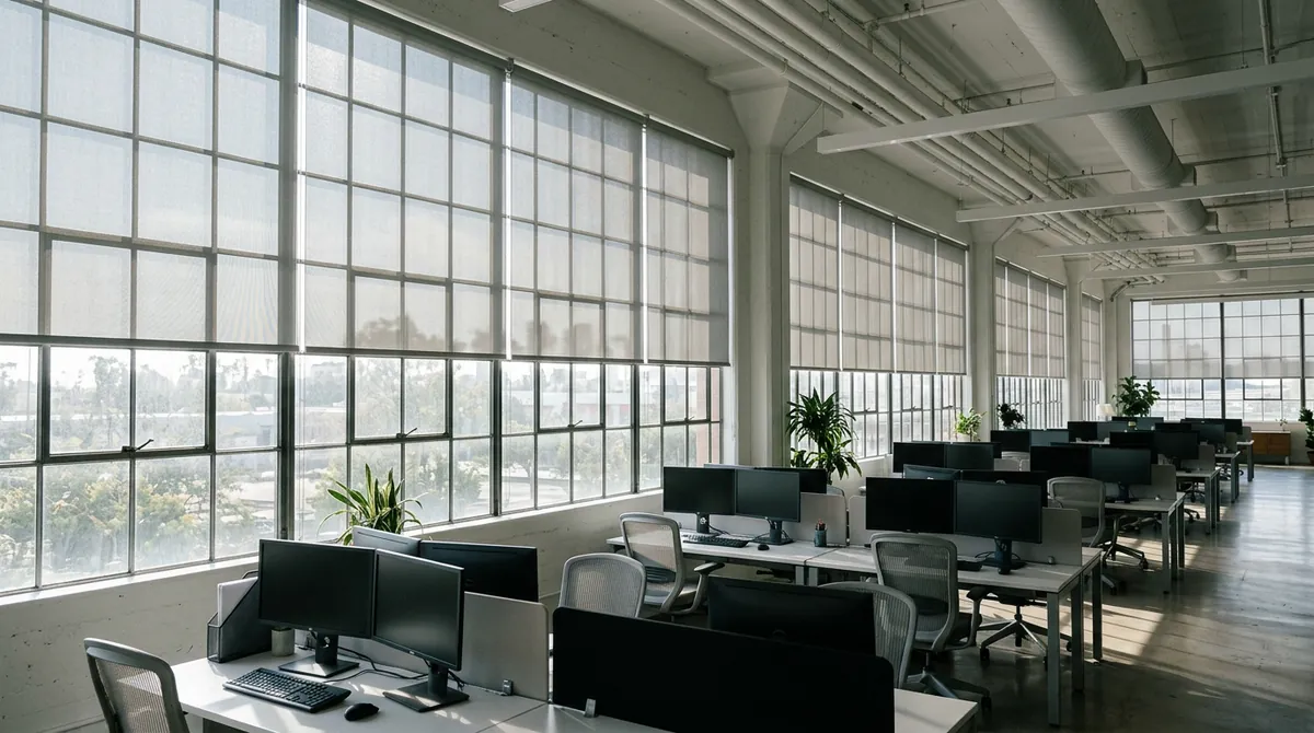 A bright open office wall of windows dressed in neat solar screen shades lowered halfway, the outdoor view visible through the weave, empty desks
