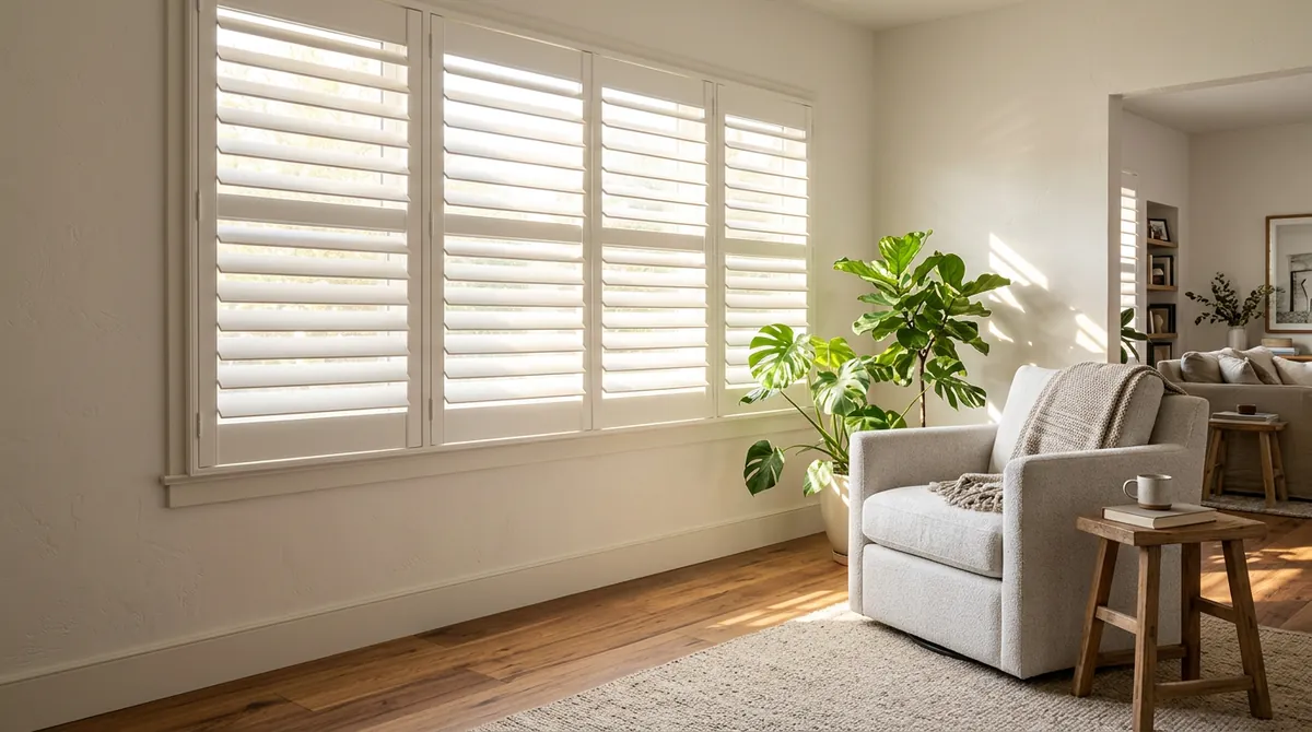 A sunlit living room window dressed in white plantation shutters with wide louvers tilted open, a hardwood floor and an armchair