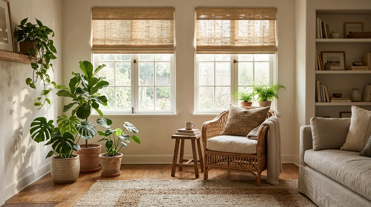 A cozy sitting room with windows dressed in natural woven grass shades raised halfway, a rattan chair and plants, warm textured light