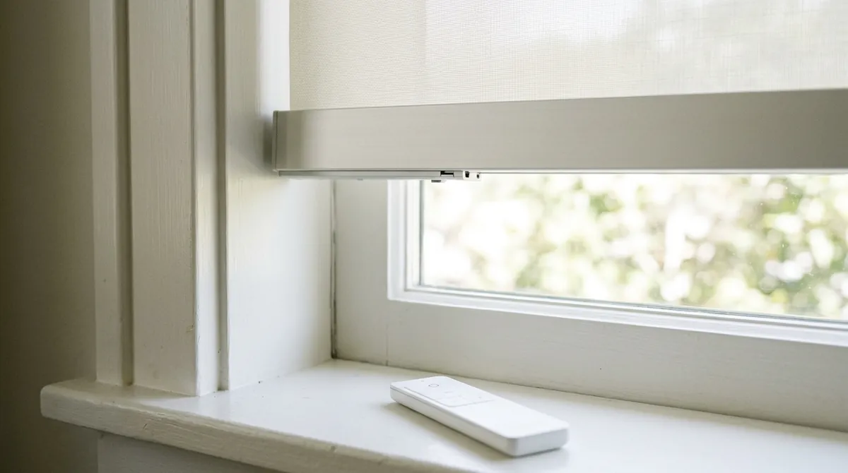 Quiet Shade Motors | Music City Blinds A close view of a slim motorized shade headrail on a bright window with a small handheld remote on the sill, soft daylight, shallow depth of field