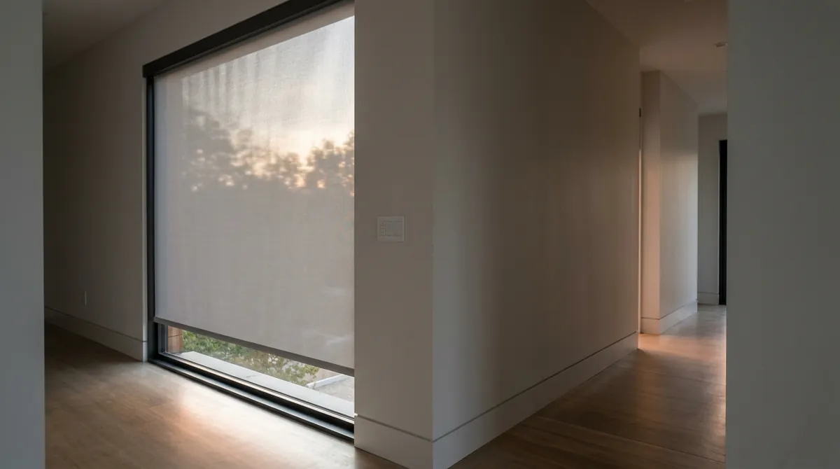 Smart Control for Shades | Music City Blinds A modern hallway window with a lowered motorized shade and a small wall switch beside it, soft evening light