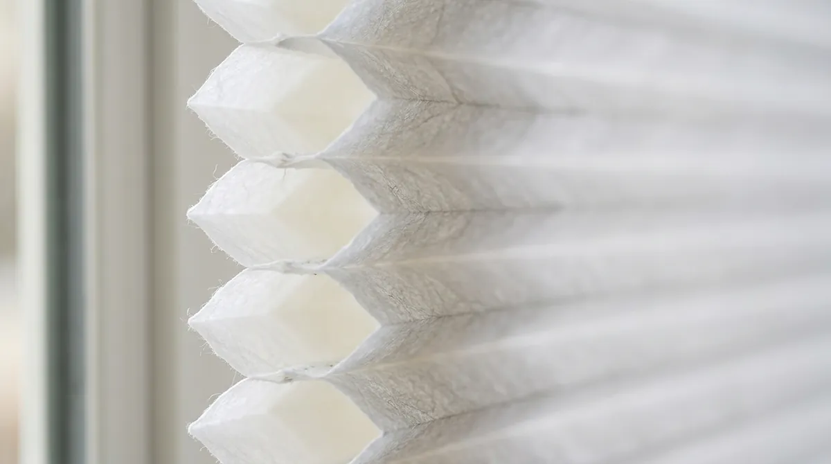 Honeycomb Cellular Texture | Music City Blinds A macro close-up of the honeycomb cell structure of a cellular shade edge in white, soft light, shallow depth of field