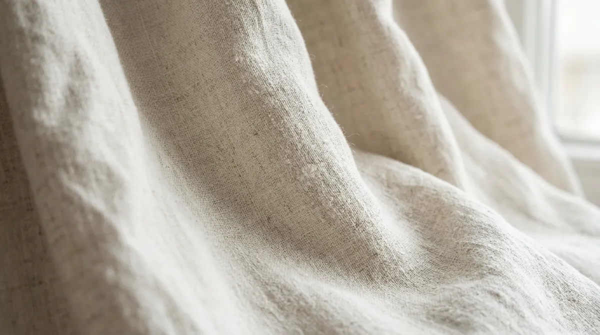 Linen Drapery Fabric Texture | Music City Blinds A macro texture shot of soft natural linen drapery fabric with gentle folds, soft window light