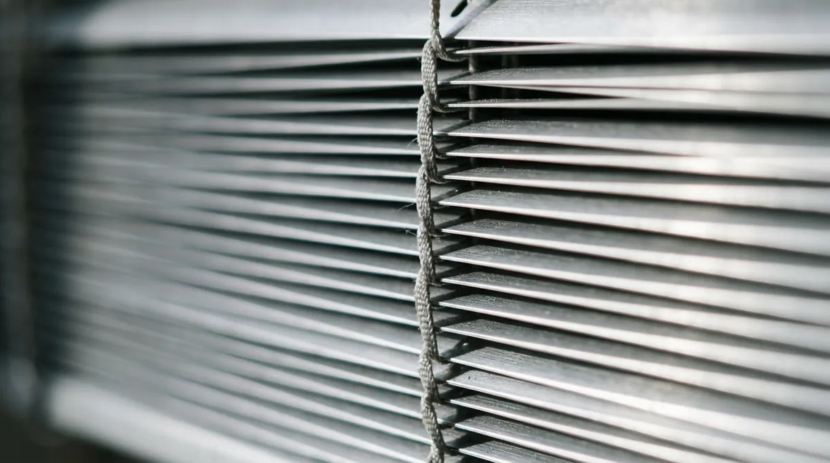 Aluminum Slat Texture | Music City Blinds A macro texture shot of slim silver aluminum blind slats stacked closely, crisp light, shallow depth of field