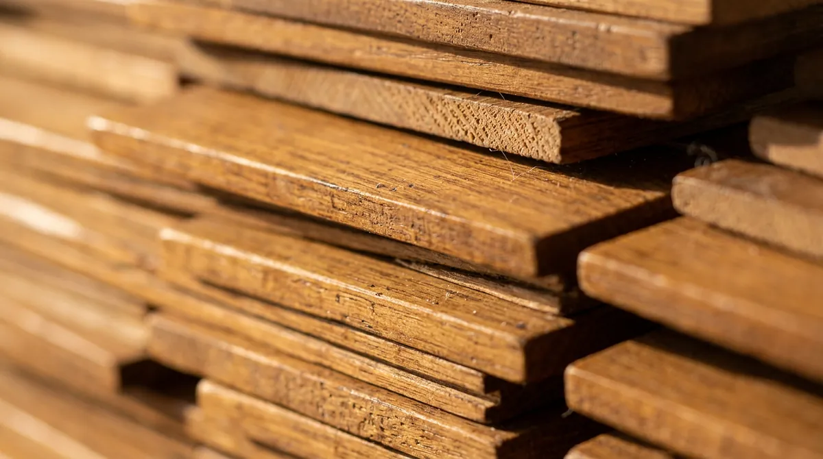 Wood Slat Texture | Music City Blinds A macro texture shot of stained wood blind slats stacked closely, warm light, shallow depth of field