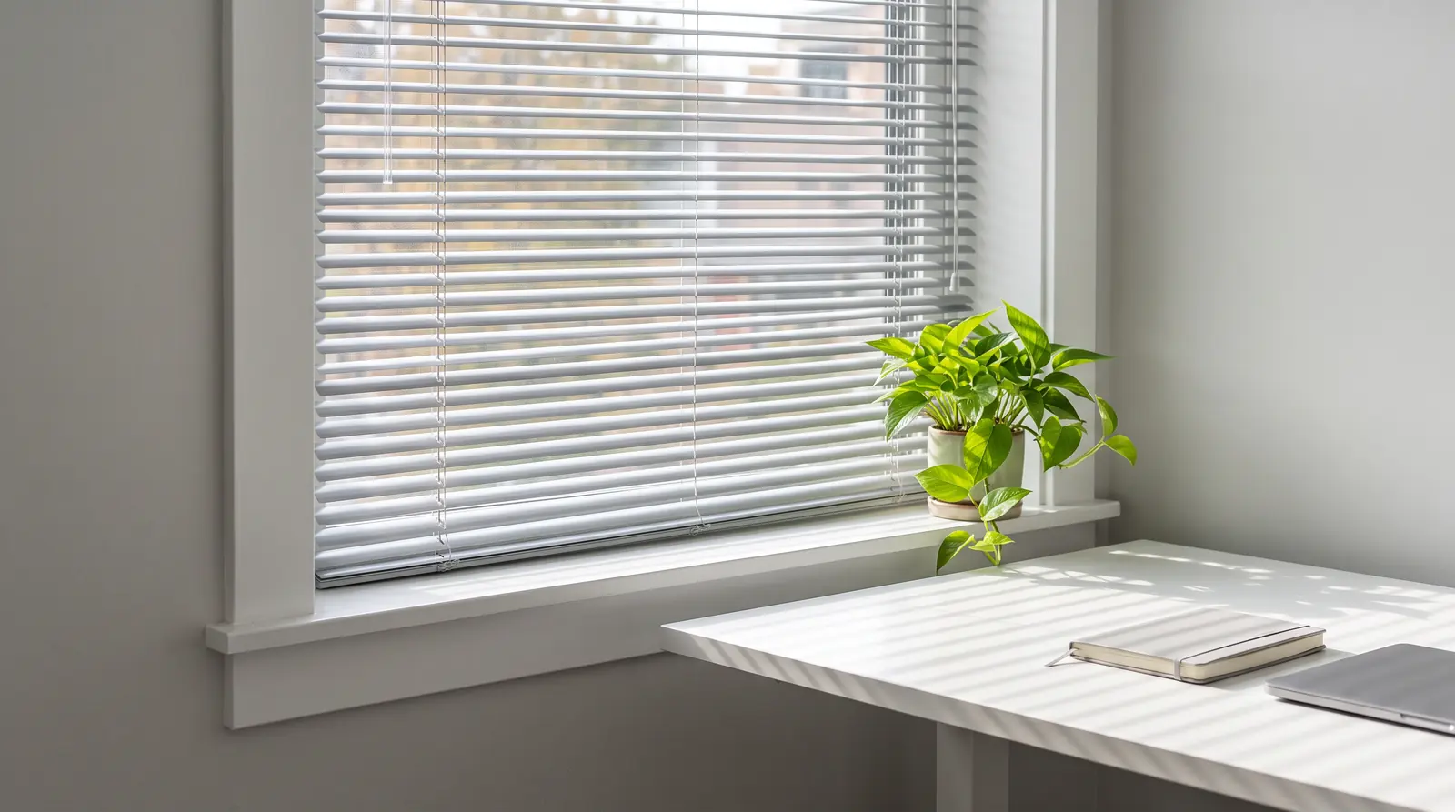 A clean modern small office window dressed in slim silver aluminum mini blinds tilted open, a white desk and a green plant on the sill, crisp daylight