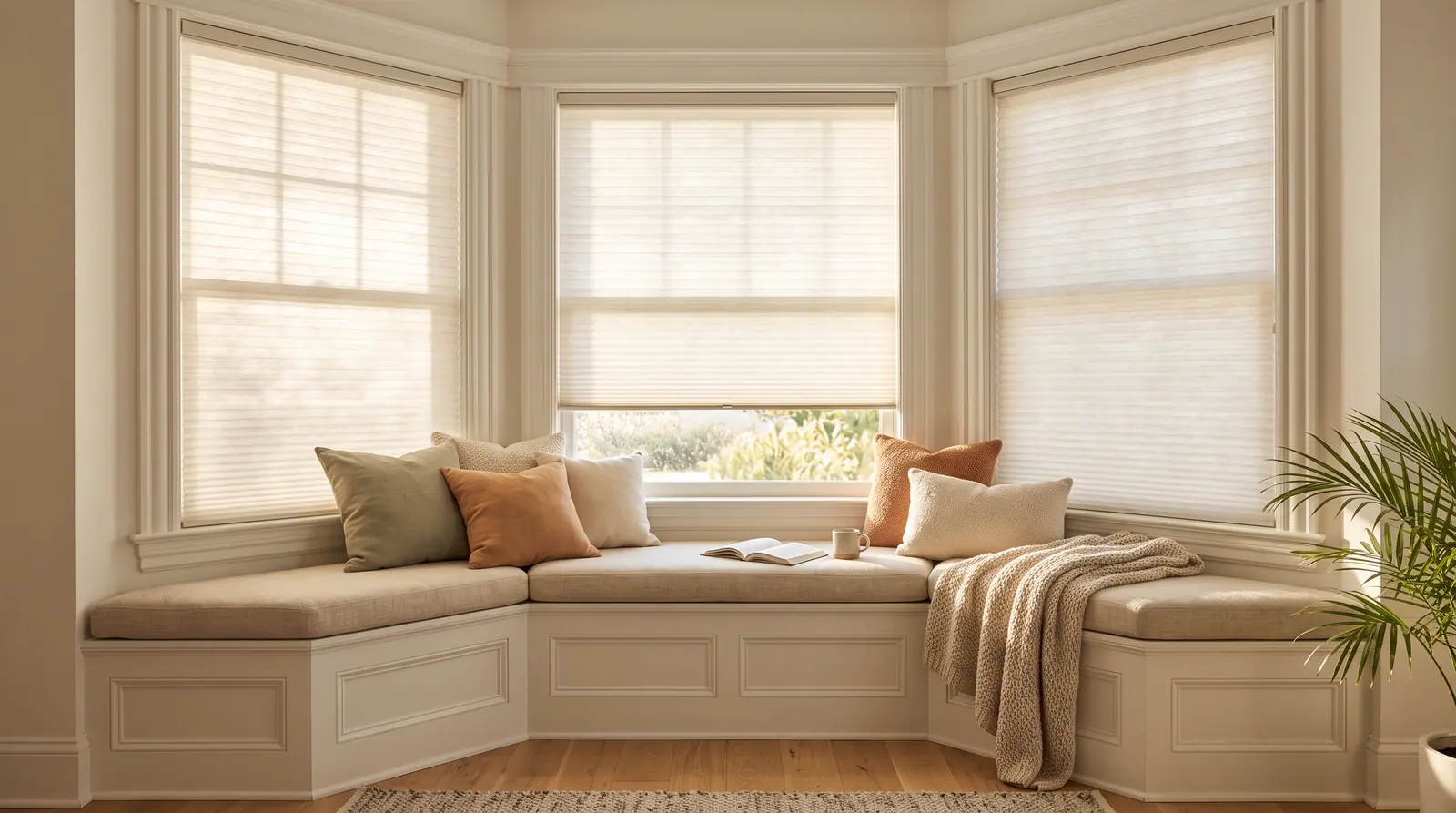A sunny bay window dressed in matching cellular shades fitted to each angled window with a cushioned window seat and pillows, soft warm light