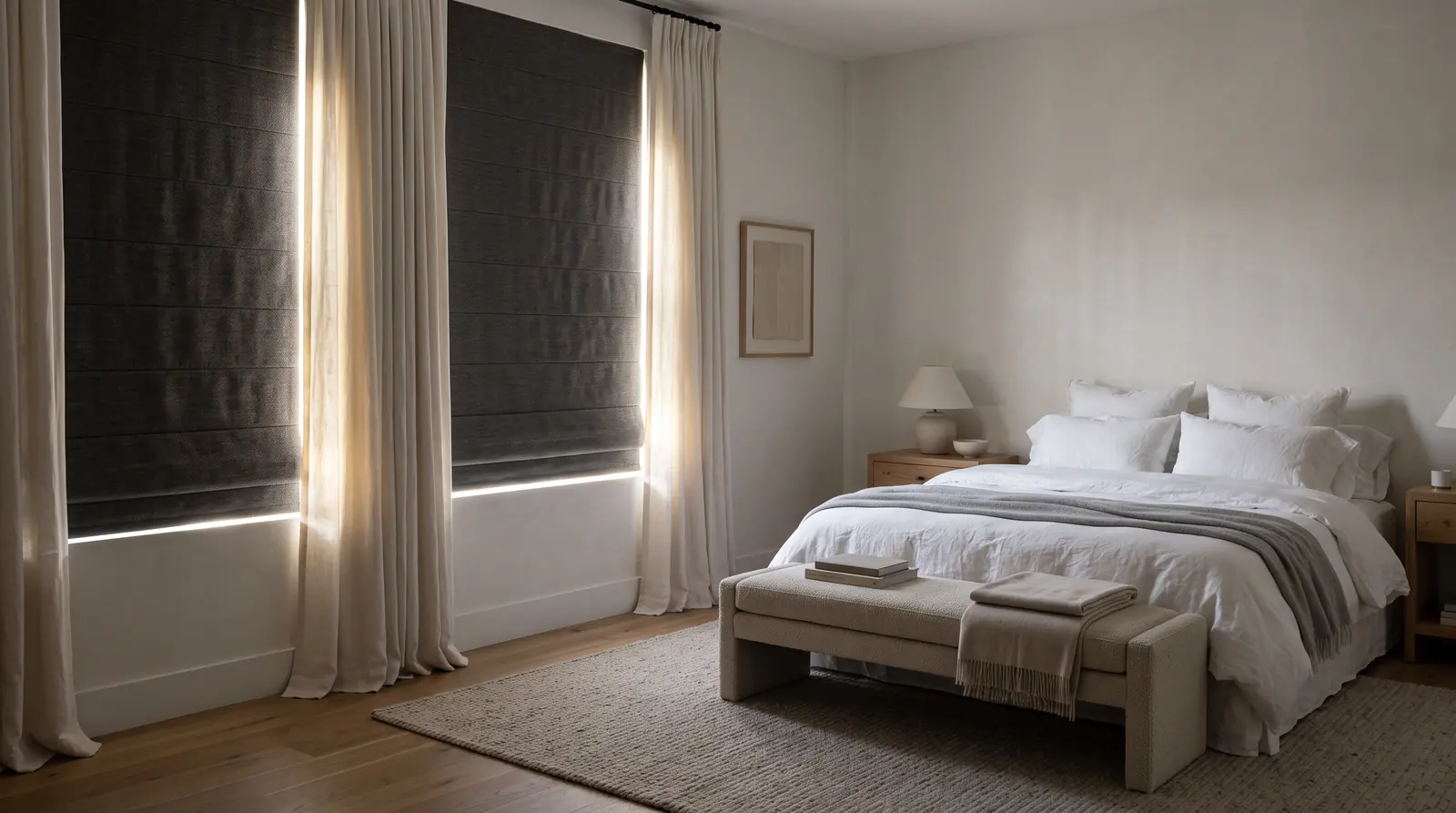 A restful primary bedroom with room-darkening Roman shades and soft drapery panels beside a bed with white linens and a bench, morning light at the edges