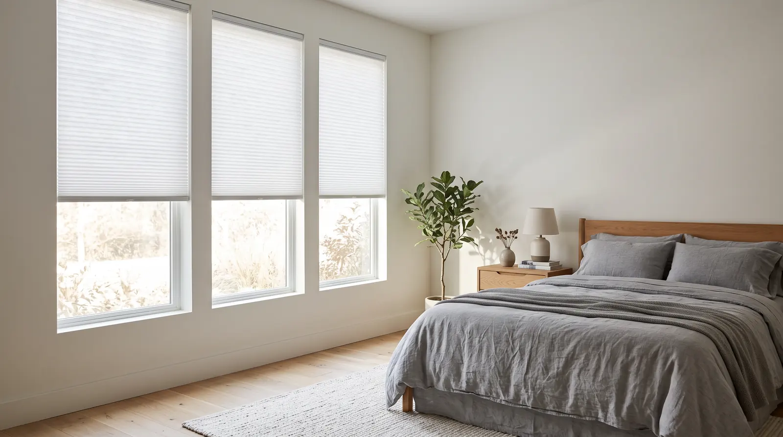 Cellular Honeycomb Shades in a Calm Bedroom | Music City Blinds A calm bedroom with tall windows dressed in white cellular honeycomb shades lowered halfway, soft glowing light, a neatly made bed with gray bedding and a wood nightstand