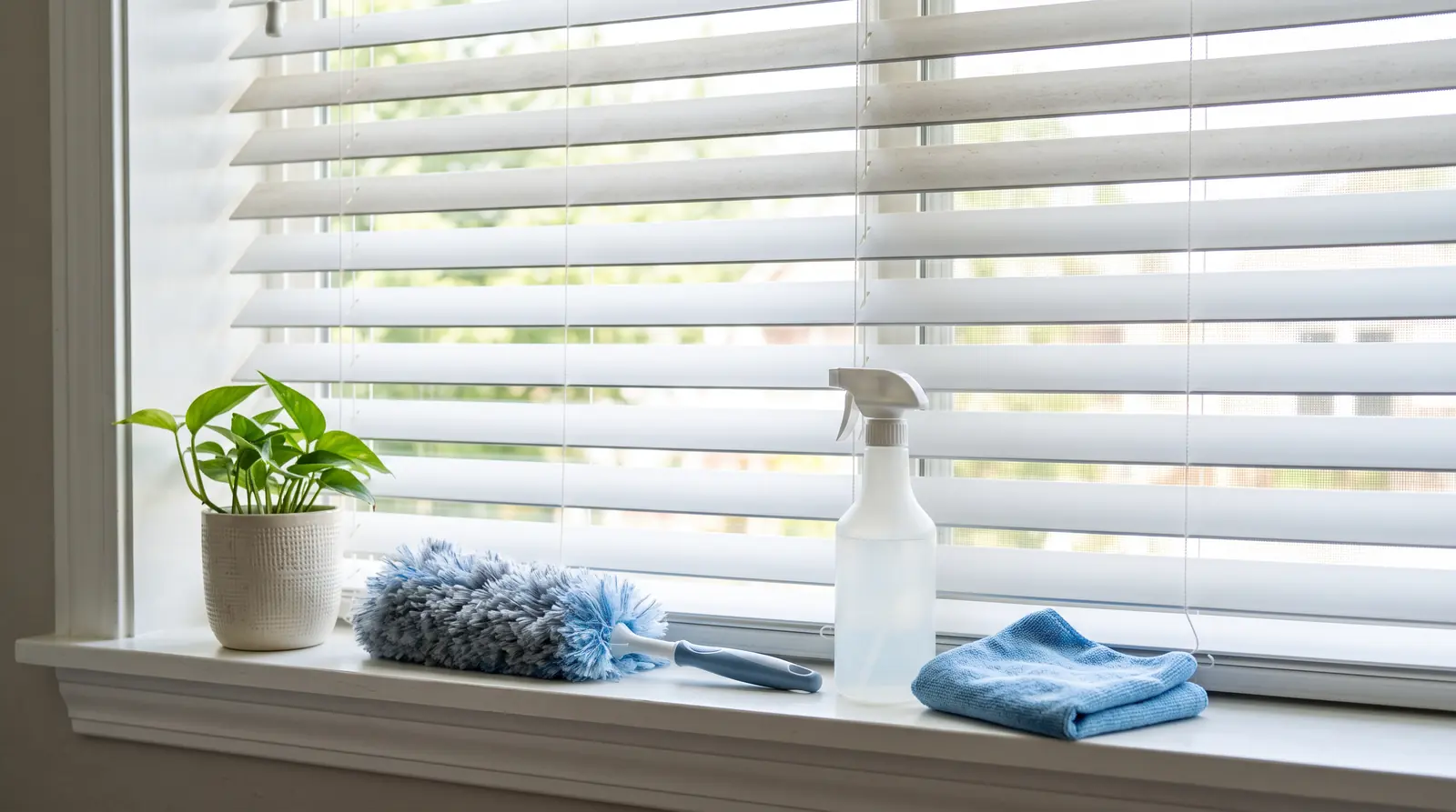 Cleaning and Care for Blinds and Shades | Music City Blinds A tidy window sill with a soft microfiber duster, a spray bottle, a clean cloth and a half-cleaned set of white faux wood blinds, bright daylight and a small plant