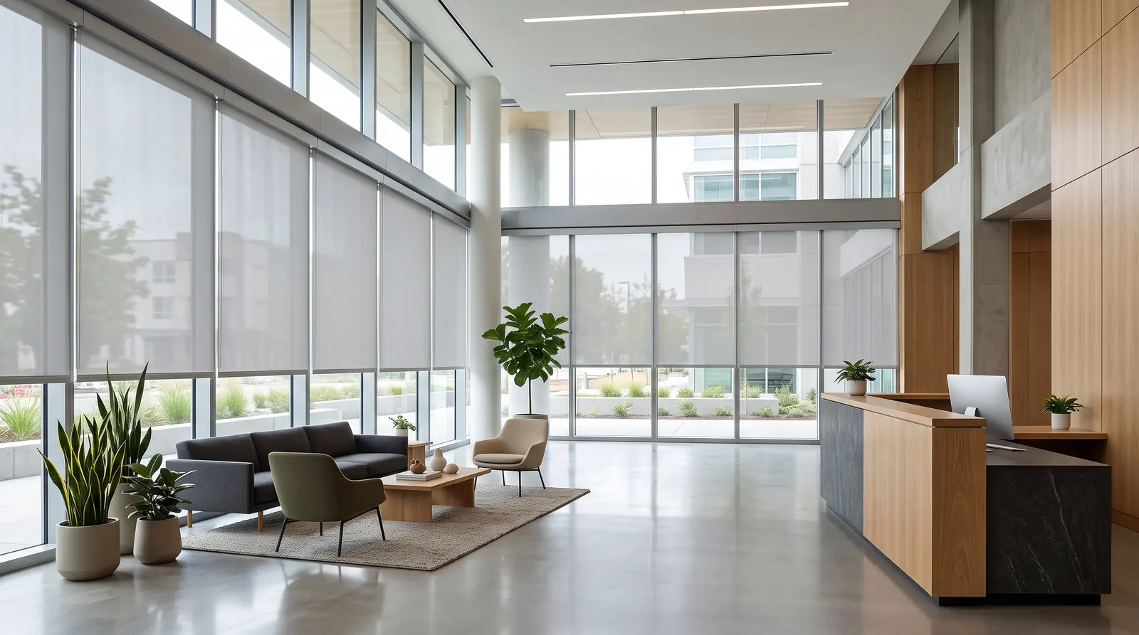Commercial Window Treatments in a Professional Lobby | Music City Blinds A modern commercial lobby with a wall of storefront windows dressed in clean solar roller shades lowered halfway, a reception desk and seating, even daylight, calm and empty