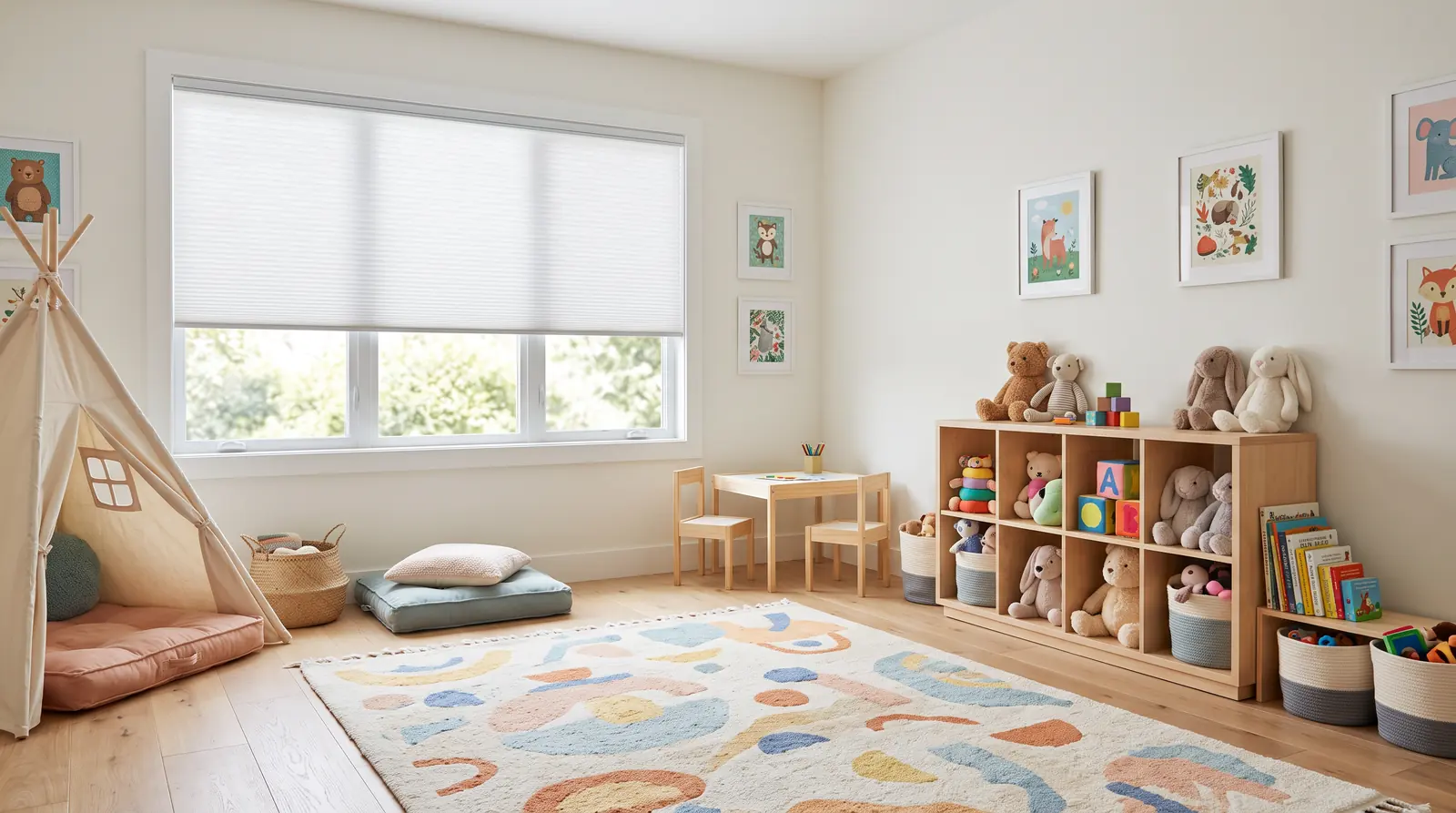 Child-Safe Cordless Shades in a Playroom | Music City Blinds A cheerful playroom with a window dressed in cordless cellular shades with no dangling cords, a low toy shelf with soft toys and a rug, bright gentle light