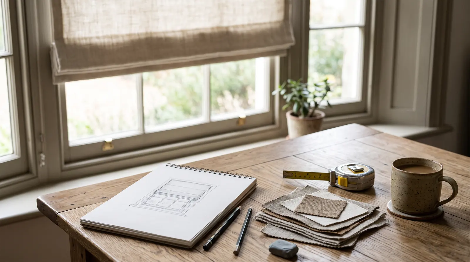 A tidy table with fabric swatches, a pencil sketch of a window with a shade drawn on a pad, a tape measure and a coffee cup, with a real window with a half-lowered shade behind, soft daylight