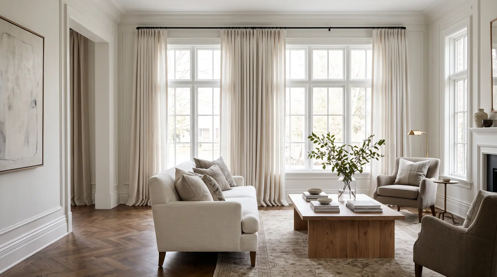 Floor-Length Drapery Panels in a Formal Living Room | Music City Blinds A refined formal living room with floor-length linen drapery panels on a black rod framing tall windows, soft light filtering through, a sofa and a wood coffee table