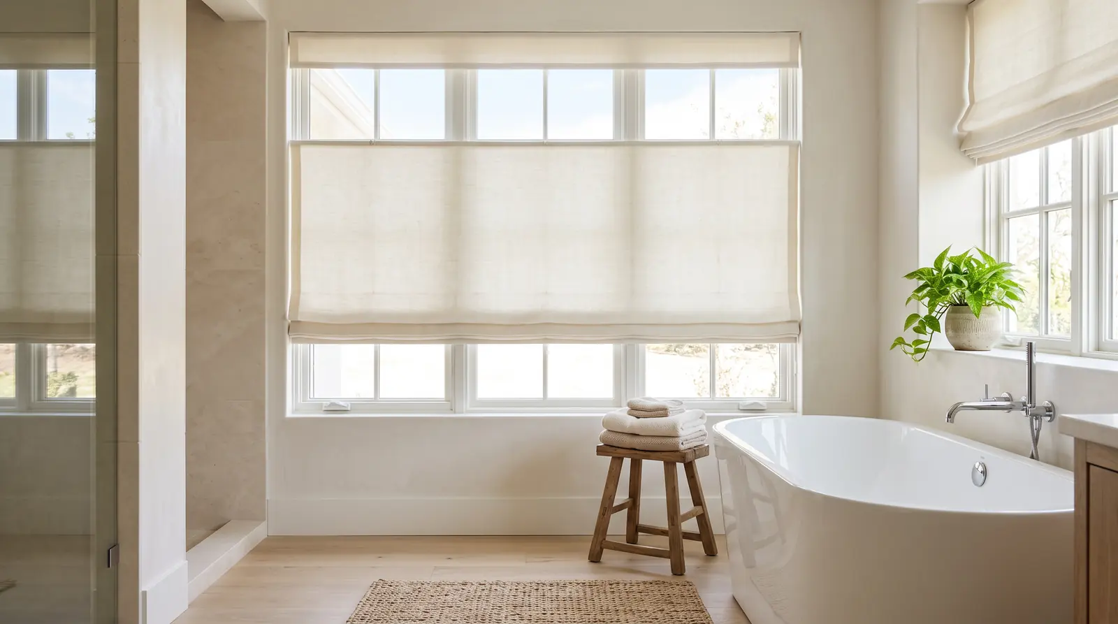 A bright bathroom with a window dressed in a cream shade lowered from the top with the bottom open to let in light while keeping privacy, a white tub, folded towels and a small plant
