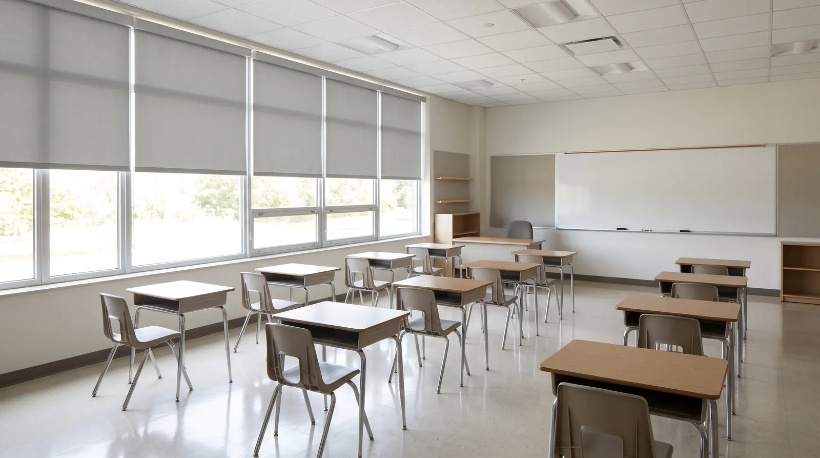 Classroom Window Treatments | Music City Blinds A bright empty classroom with large windows dressed in durable roller shades at even heights, rows of desks, a whiteboard with no writing, soft daylight