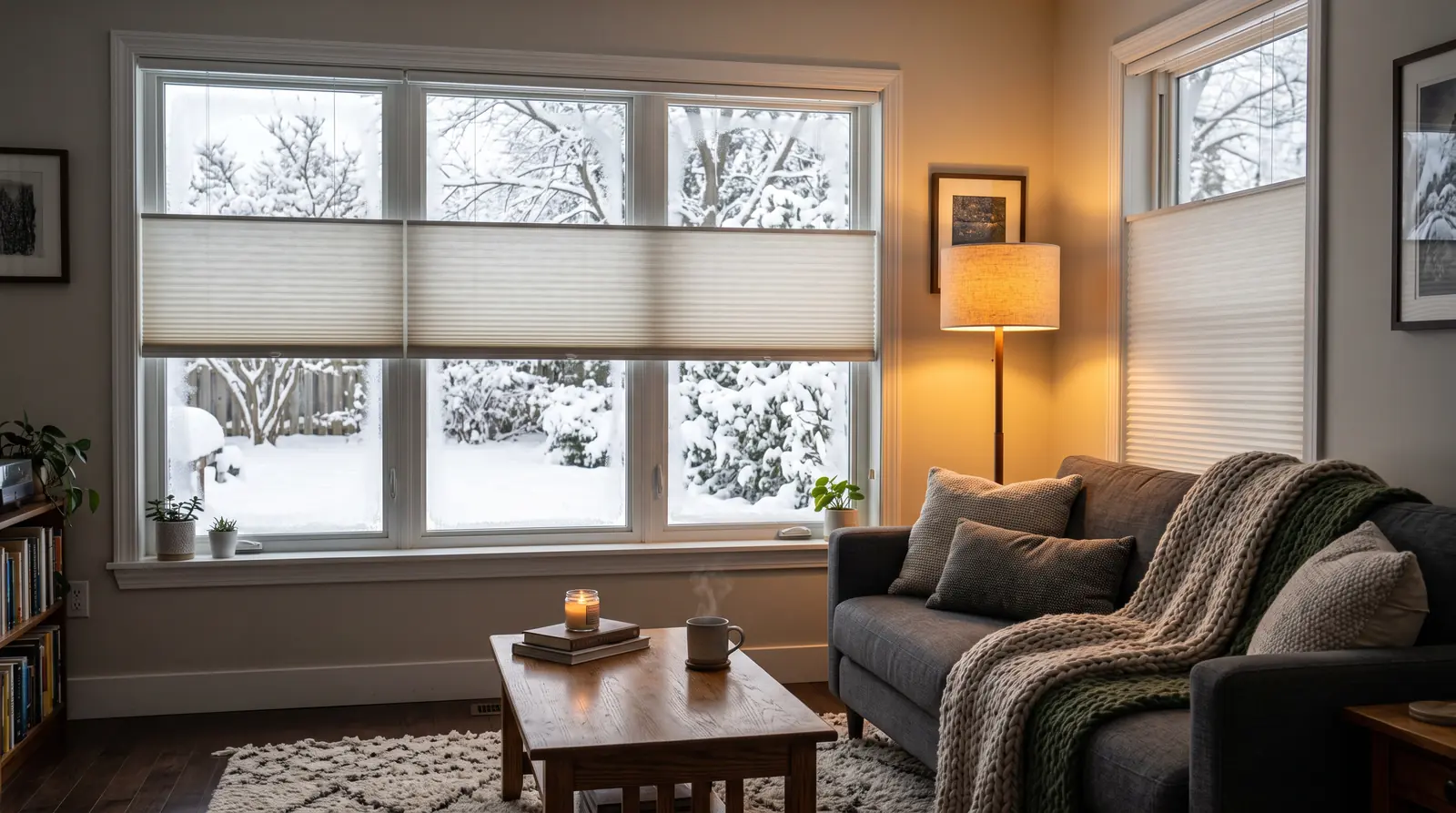 Insulating Shades on a Winter Window | Music City Blinds A cozy living room on a cold winter day with a large window dressed in insulating cellular shades lowered halfway, snow visible outside, a throw blanket on a sofa and a warm lamp