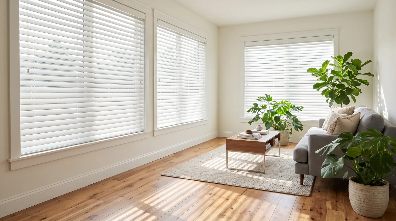 Faux Wood Blinds in a Bright Living Room | Music City Blinds A bright living room with two wide windows dressed in crisp white faux wood blinds tilted partly open, thick horizontal slats casting soft stripes of light on a hardwood floor, a gray sofa and a plant