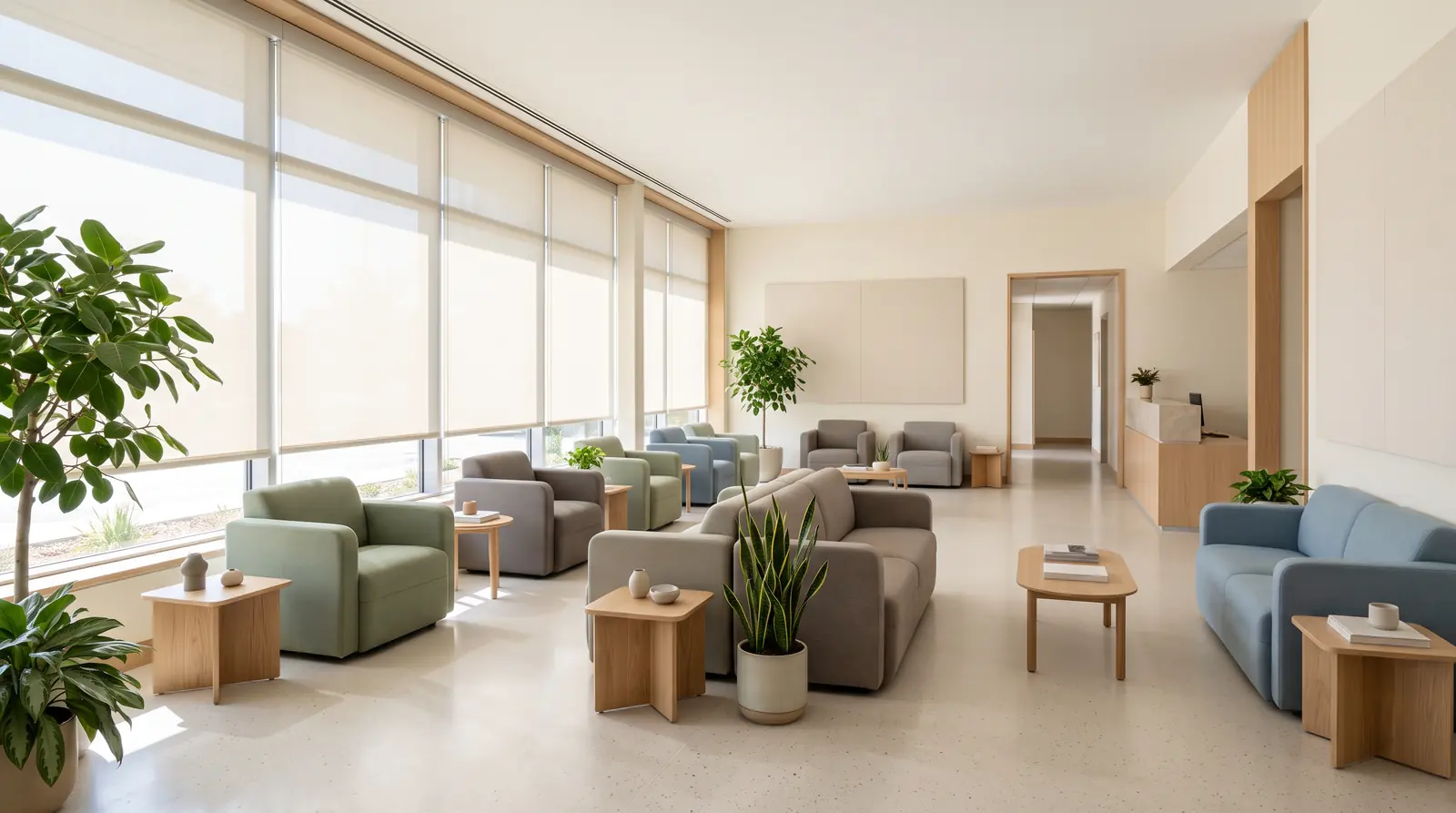 Healthcare Window Treatments in a Calm Room | Music City Blinds A calm clinic waiting area with windows dressed in easy-clean light-filtering shades, soft seating and a plant, soft even light, clean and quiet