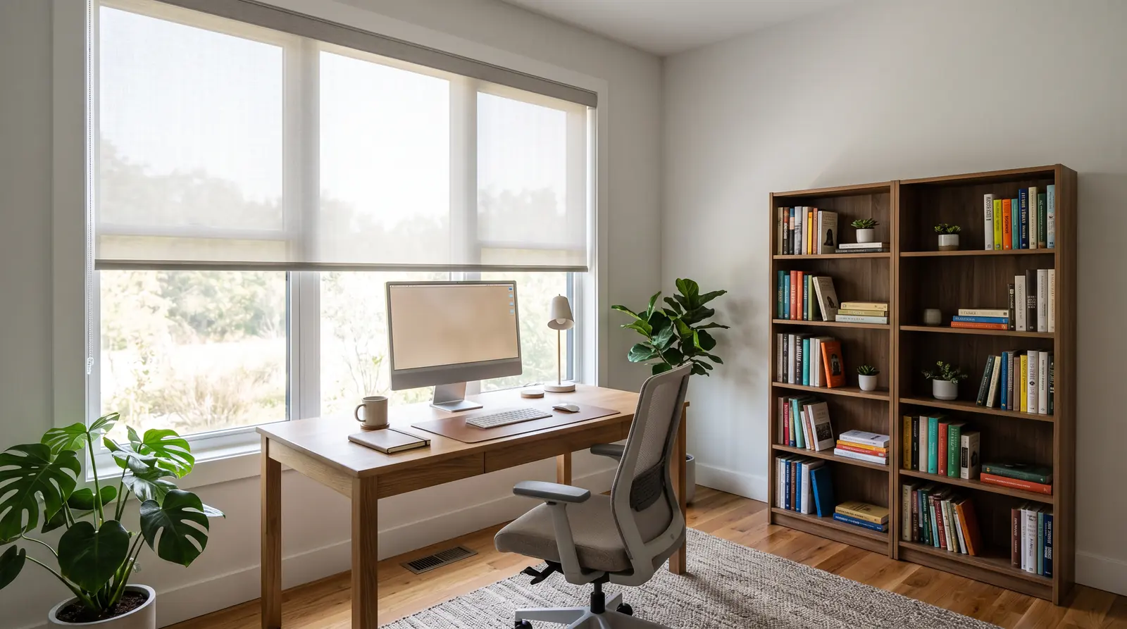 Home Office Window Treatments Reducing Glare | Music City Blinds A tidy home office with a large window dressed in light-filtering roller shades lowered halfway to reduce glare on a computer monitor, a wood desk, a chair and a shelf of books