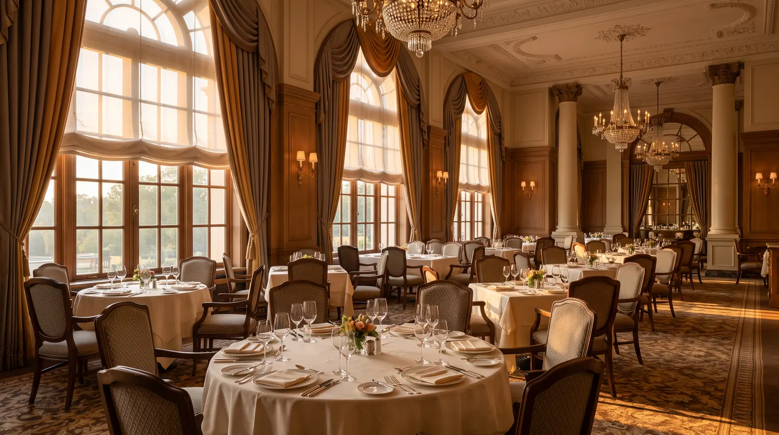 An elegant hotel restaurant with tall windows dressed in warm fabric drapery and light-filtering shades, set tables with linens and glassware, warm evening light, calm and empty