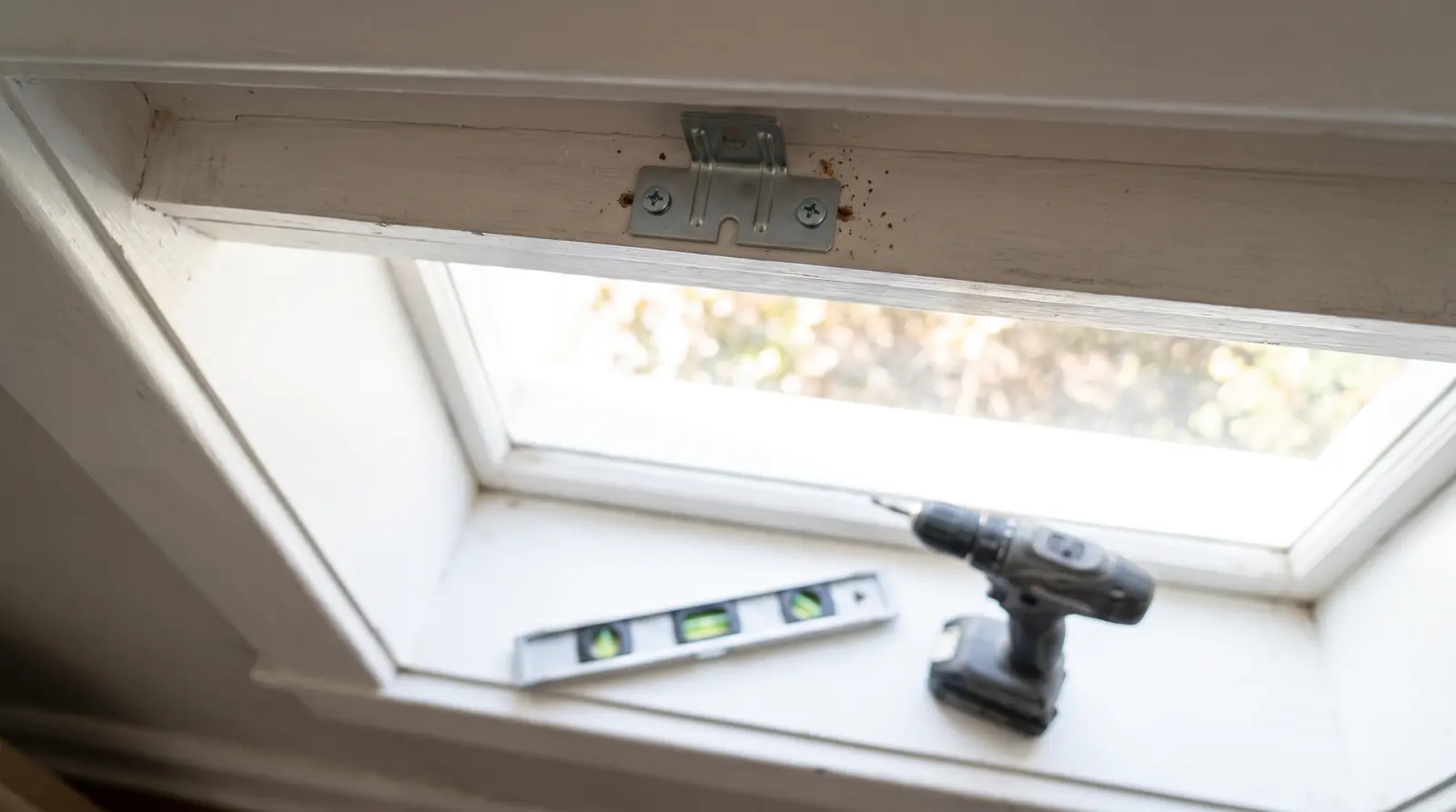 A single continuous clean close-up photograph of a metal headrail mounting bracket freshly screwed to the top inside of a bright window frame, with a level and a cordless drill resting on the window sill, shallow depth of field, one scene only
