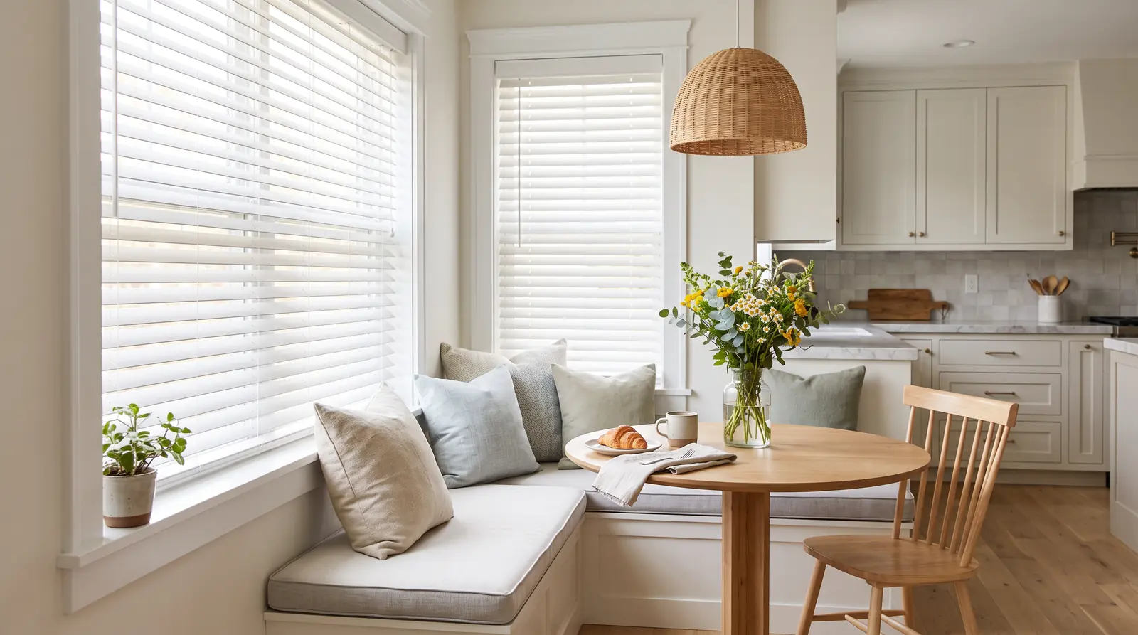 Kitchen and Bath Window Treatments | Music City Blinds A bright kitchen breakfast nook with a window dressed in moisture-friendly white faux wood blinds beside a small round table, fresh flowers and soft morning light
