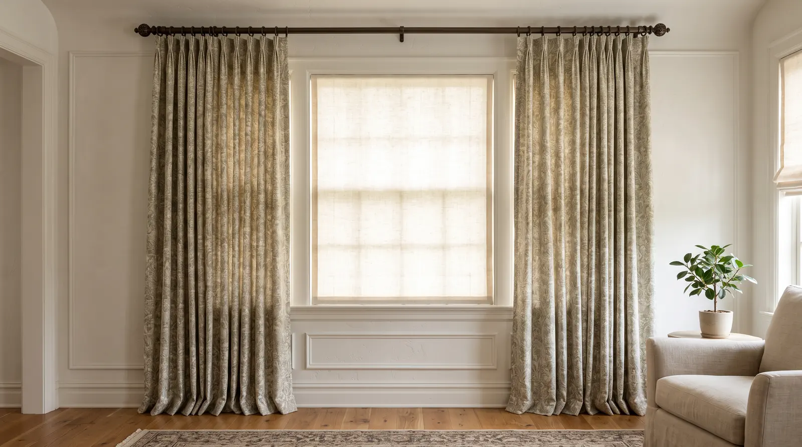 A living room window dressed in layers: a lowered cream light-filtering shade under floor-length patterned drapery panels pulled to the sides with a decorative rod, soft glowing light
