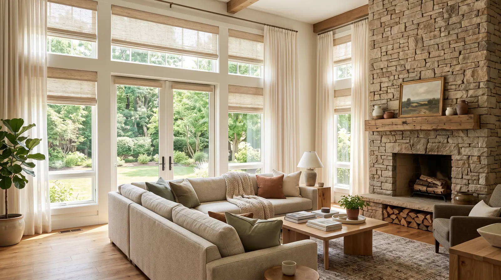 Living Room Window Treatments Framing a View | Music City Blinds A spacious living room with a wall of windows dressed in light-filtering shades and sheer drapery panels framing a green backyard view, a large sofa and a stone fireplace