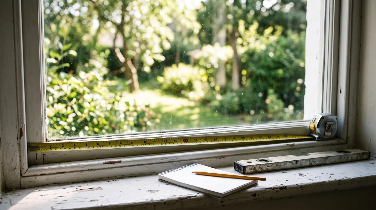 A tape measure stretched across the inside of a window frame, a notepad with pencil beside it on the sill, a level and a bright window with a garden view, shallow depth of field