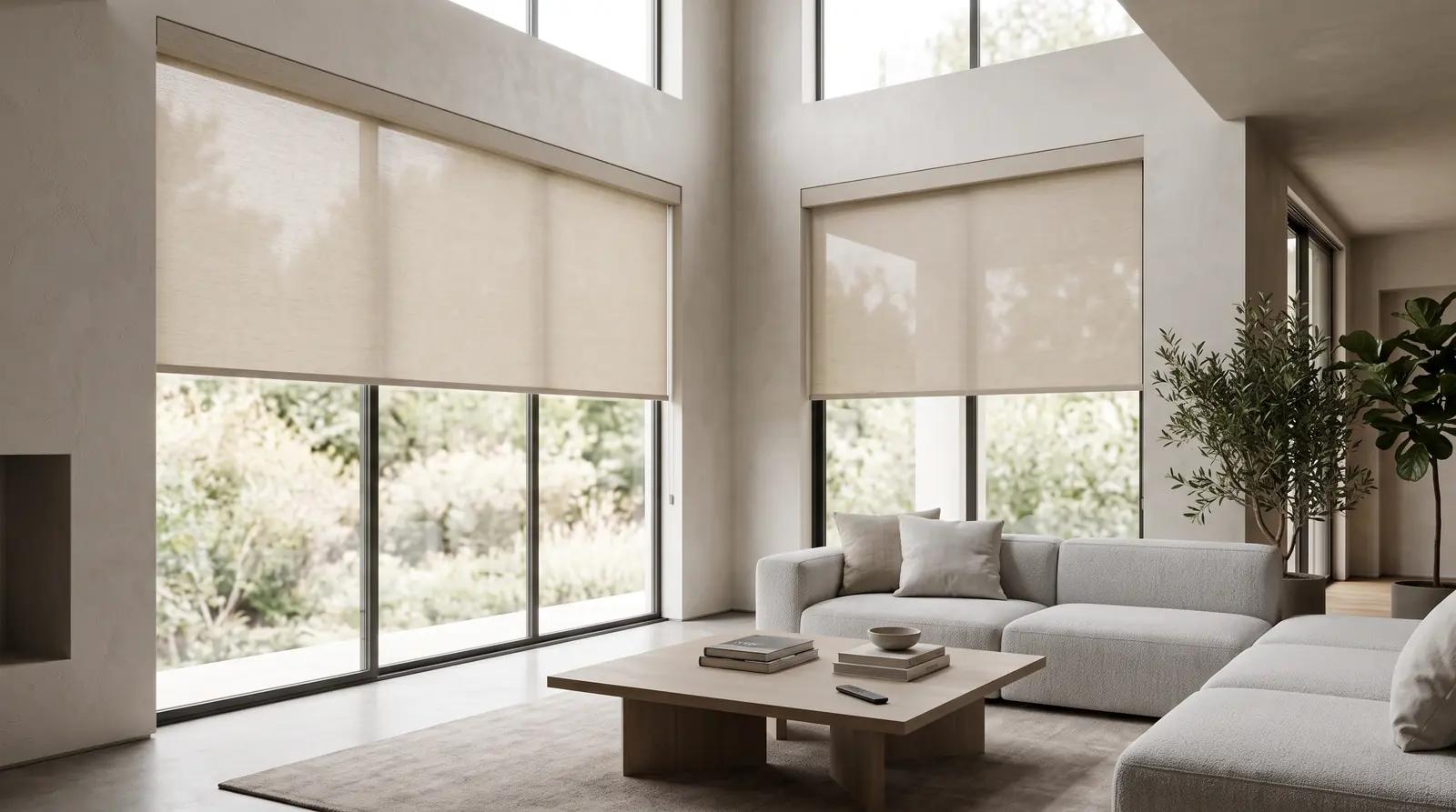Motorized Shades Raised by Remote | Music City Blinds A modern living room with tall windows dressed in motorized roller shades rising halfway, a small remote on a coffee table, minimal furniture and soft daylight