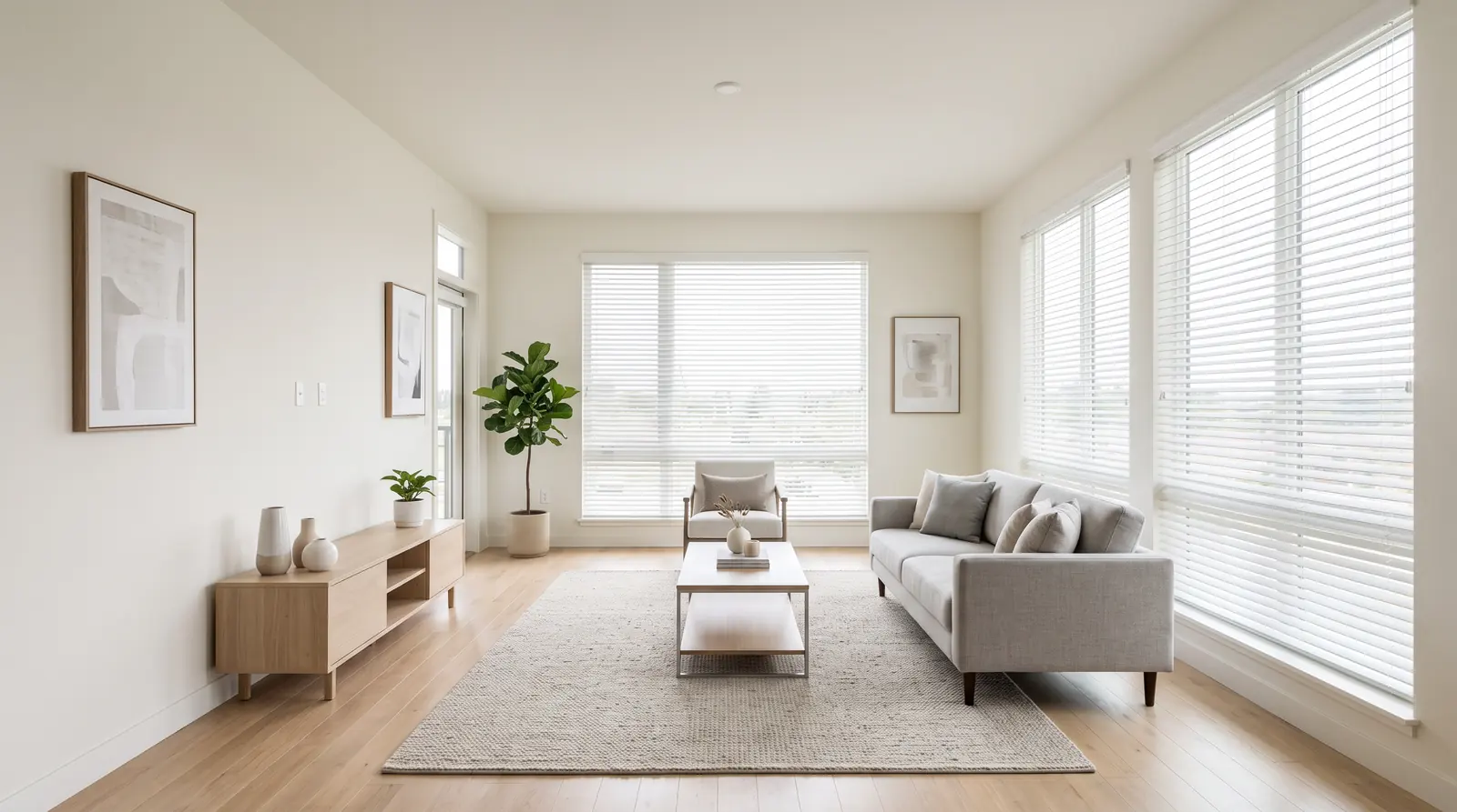 Apartment Community Window Treatments | Music City Blinds A clean modern apartment living room in a community model unit with uniform white faux wood blinds on large windows, simple furniture and soft light, calm and empty