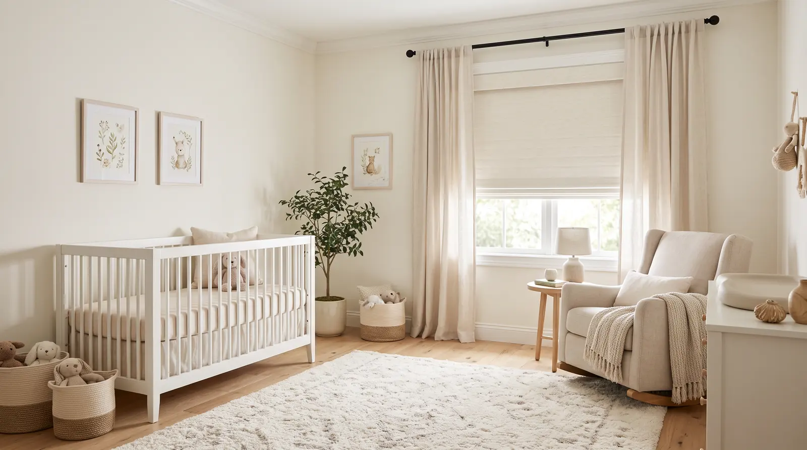 A gentle nursery with a window dressed in cordless blackout shades in soft cream and light drapery panels, a white crib, a rocking chair and a soft rug, calm light