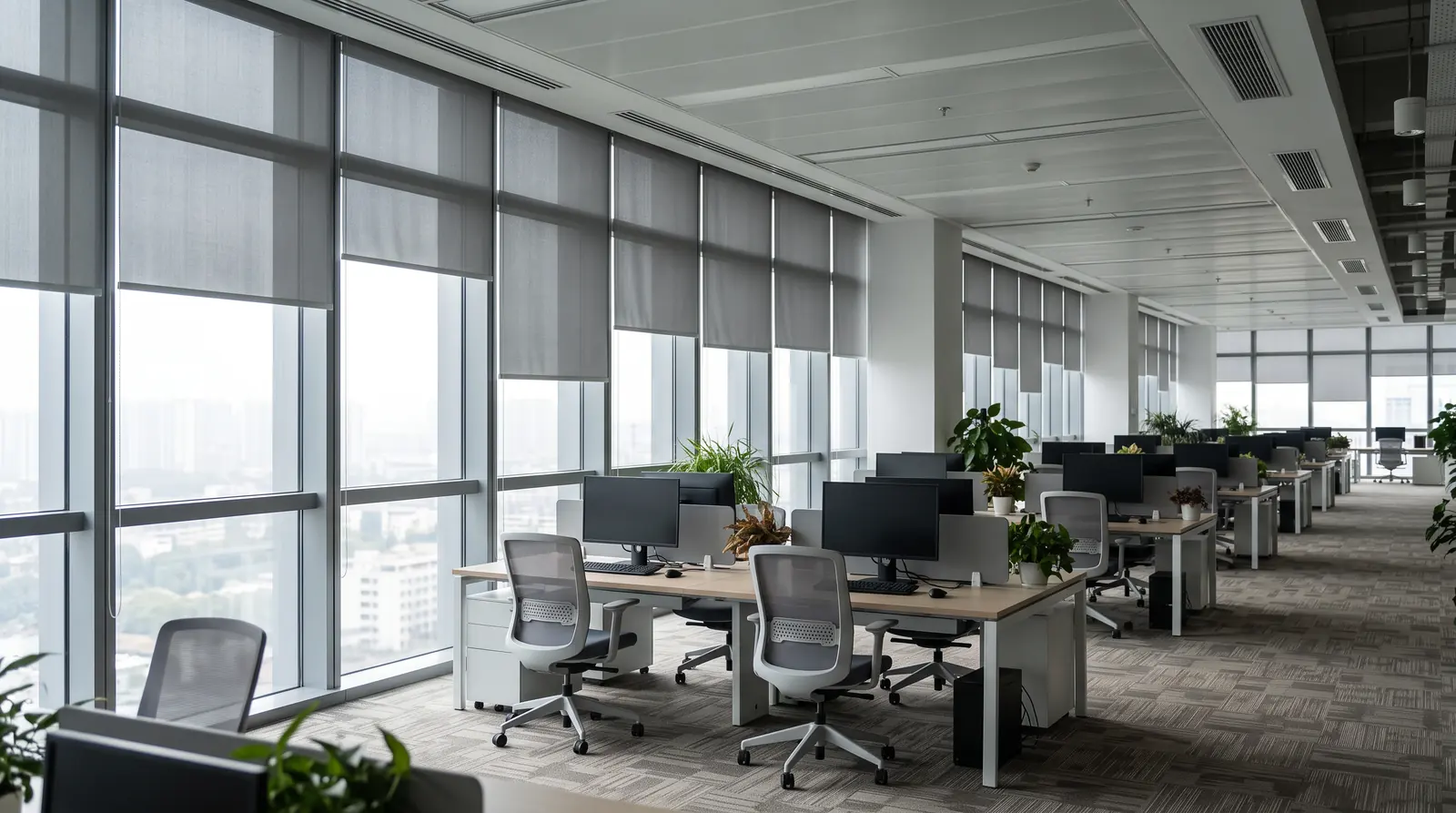A bright open office with large windows dressed in uniform gray roller shades at varied heights, rows of empty desks and monitors, soft diffused light, calm and empty