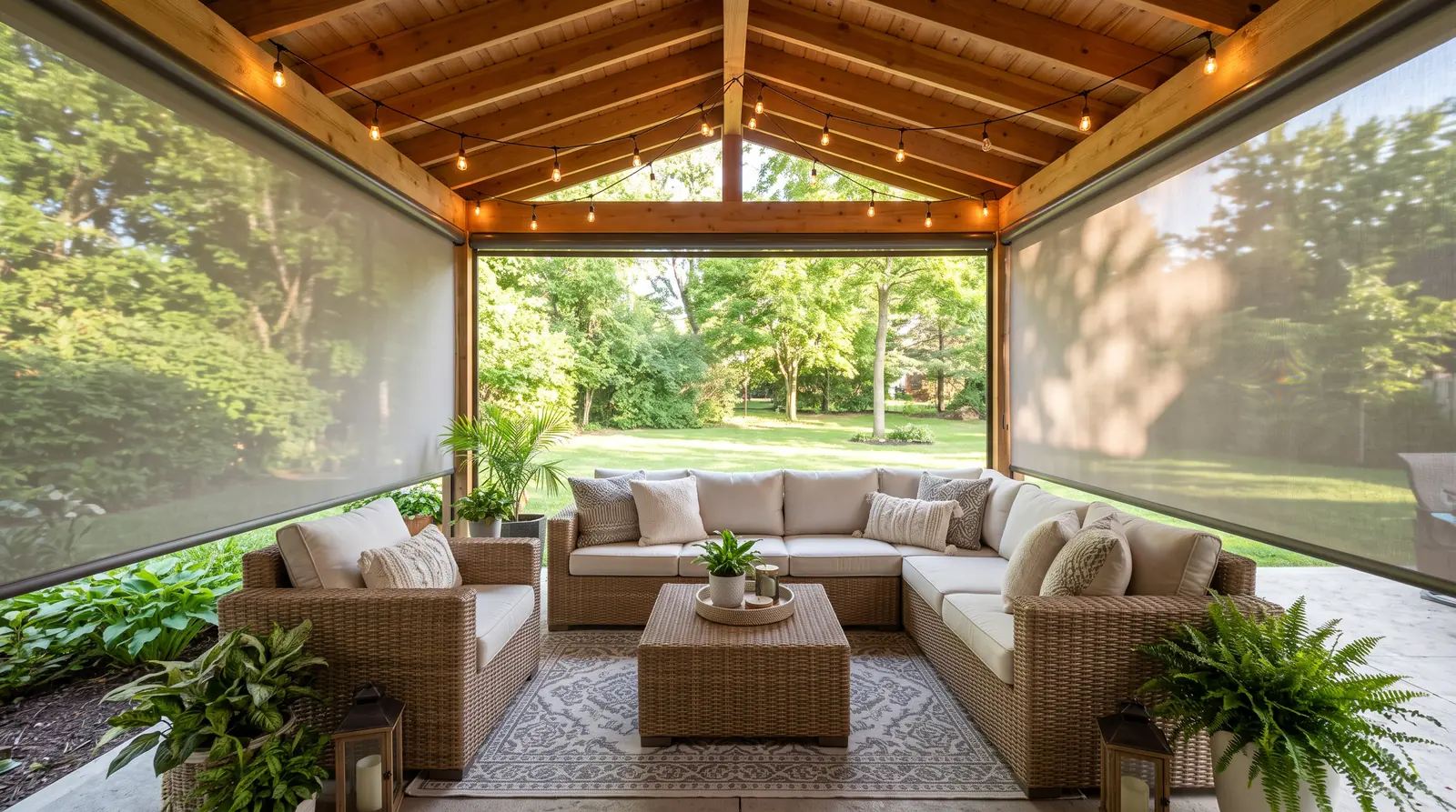 Outdoor Solar Shades on a Covered Patio | Music City Blinds A covered back patio with outdoor roller solar shades lowered at the sides of a cozy seating area, wicker furniture, outdoor rug and string lights, green backyard beyond