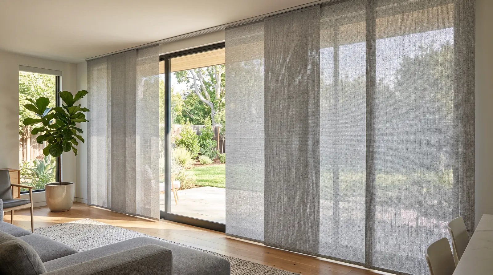 A large sliding glass door wall dressed in modern sliding panel track shades in light gray woven fabric, panels overlapped halfway on a track, a contemporary living room and a backyard view