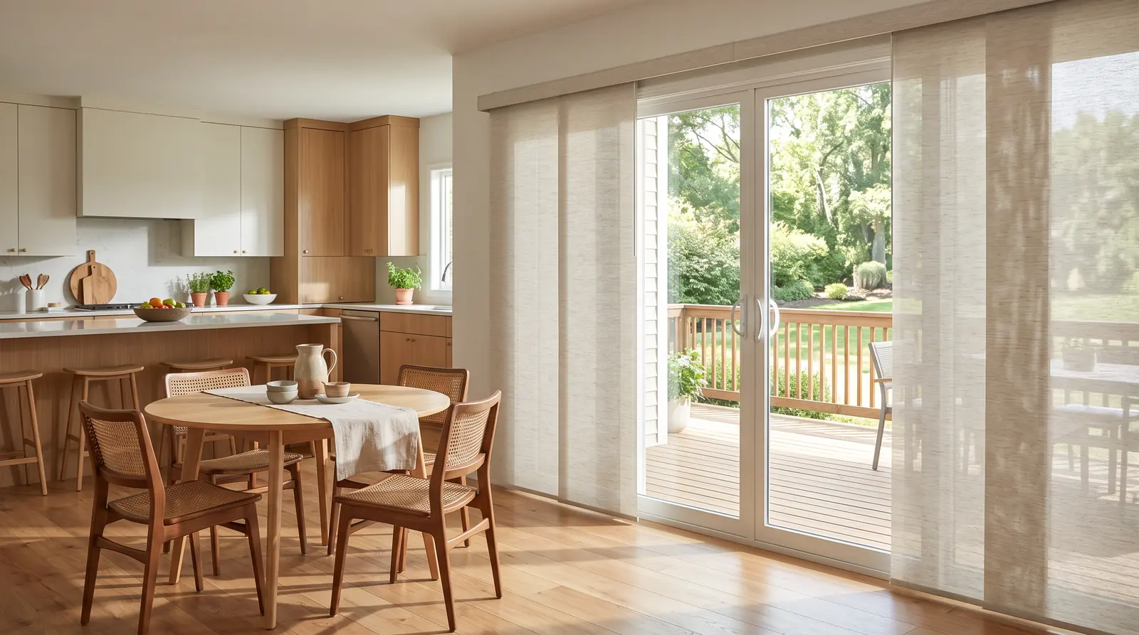 A kitchen with a sliding glass patio door dressed in a sleek sliding panel shade partly open to a deck and backyard, a breakfast table and chairs, bright daylight