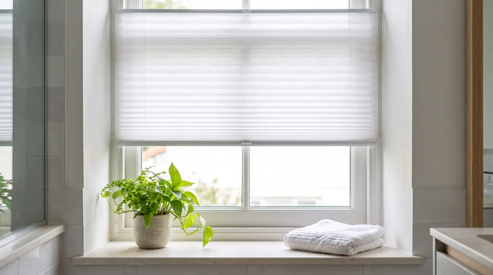 A neat hallway or bathroom window dressed in crisp white pleated shades lowered halfway, delicate folds catching soft light, a small plant and a towel nearby