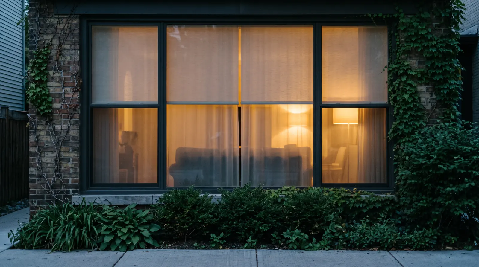 Privacy Shades on Street-Facing Windows | Music City Blinds A street-facing living room window at dusk dressed in light-filtering shades lowered halfway so the room glows warmly while the inside is not visible from the street, a sofa and a floor lamp