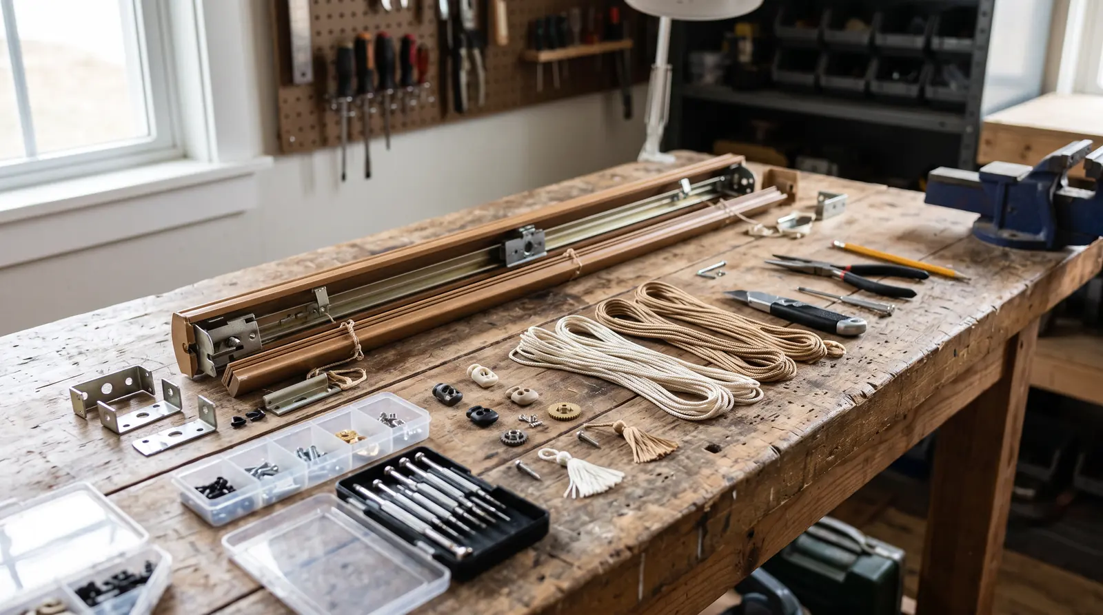 Repairing a Blind Headrail | Music City Blinds A repair workbench with a disassembled wood blind headrail, new lift cords, a small screwdriver set, cord locks and replacement parts neatly laid out, soft overhead light