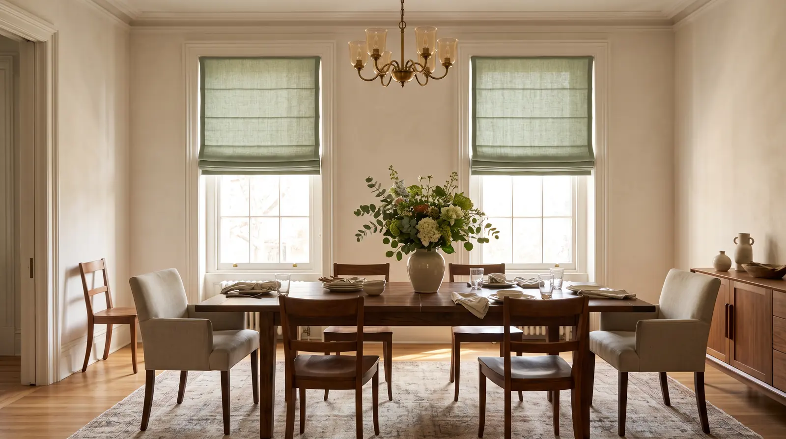 An elegant dining room with two tall windows dressed in tailored flat-fold Roman shades in soft sage linen, a wood dining table with chairs and a vase of flowers, warm light