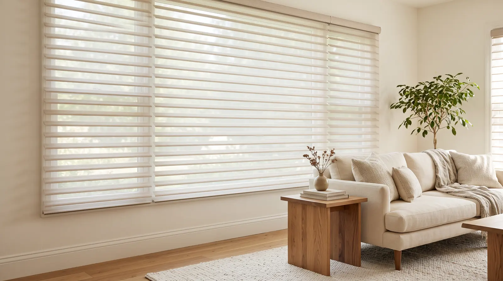 A beautiful living room window dressed in sheer horizontal-vane layered shades with soft fabric vanes tilted open, diffused light filling the room, a cream sofa and a wood side table