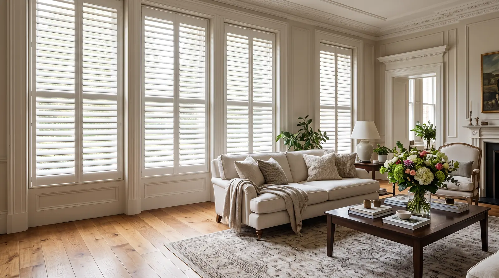 Plantation Shutters in a Living Room | Music City Blinds A classic living room with tall windows dressed in crisp white plantation shutters with wide louvers tilted open, a hardwood floor, an upholstered sofa and fresh flowers