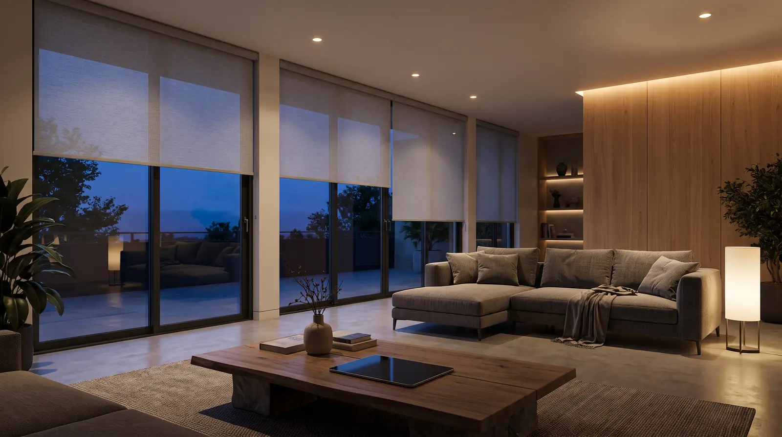 Smart Home Window Shades in an Evening Scene | Music City Blinds A contemporary living room at dusk with smart motorized shades lowering halfway, warm ambient lighting, a sleek sofa and a tablet on a table showing a blank dark screen