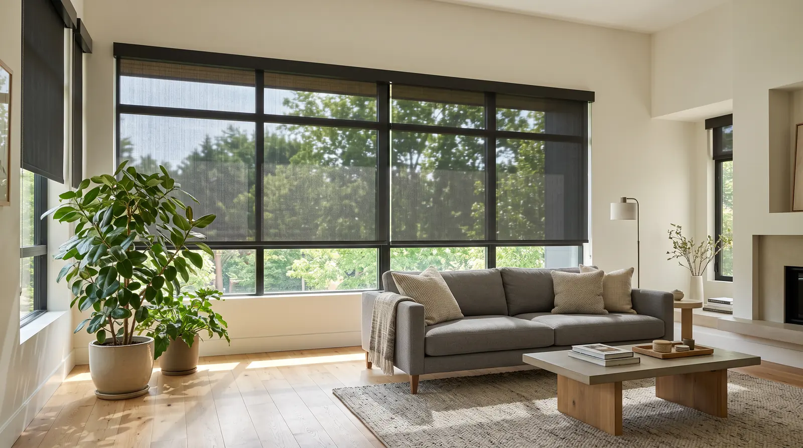 Solar Shades Softening a Sunny Window | Music City Blinds A bright living room with a large sunny window dressed in charcoal solar screen shades lowered most of the way, the view of trees still visible through the weave, soft glare-free light on a gray sofa