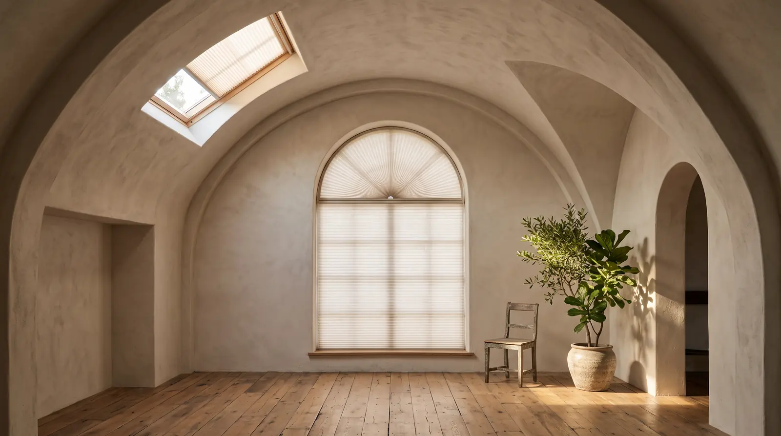 Arched and Skylight Window Treatments | Music City Blinds A vaulted room with a tall arched window dressed in a fitted arch shade and a skylight dressed in a pleated skylight shade, warm light, a plant and a simple chair